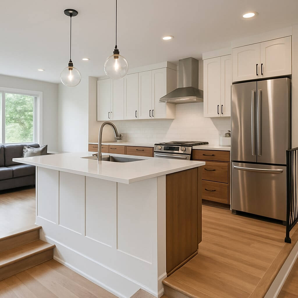 open concept split level kitchen remodel